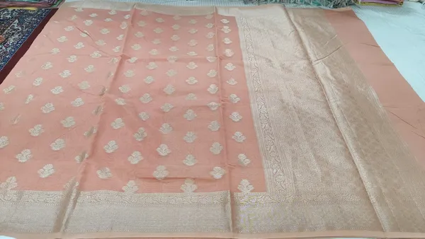 Peach_Cotton_Chanderi_Silk_Zari_Butta_Woven_Banarasi_Saree_For_Women