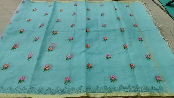 Turquoise_Kota_Silk_Floral_Embroidered_Zari_Border_Saree_For_Women