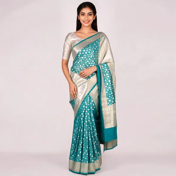 Teal_Katan_Silk_Zari_Floral_Motif_Woven_Banarasi_Saree_For_Women