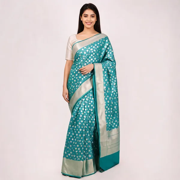 Teal_Katan_Silk_Zari_Floral_Motif_Woven_Banarasi_Saree_For_Women