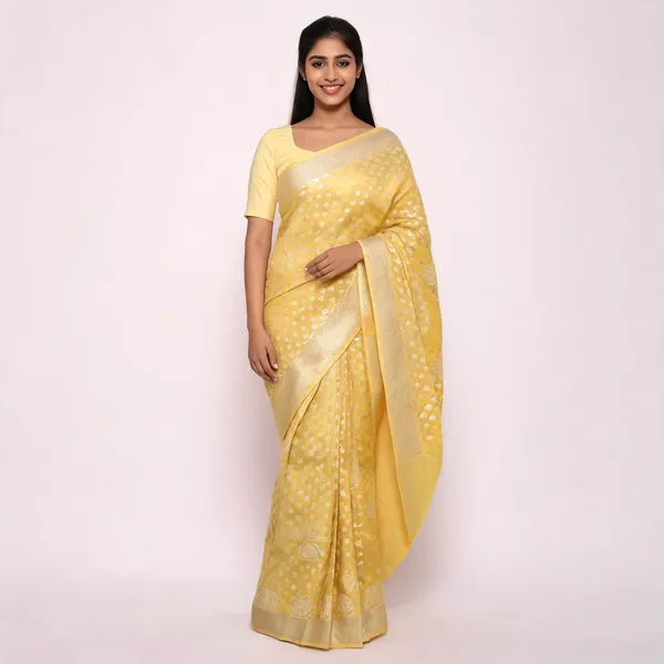 Yellow_Cotton_Chanderi_Silk_Zari_Border_Woven_Saree_For_Women