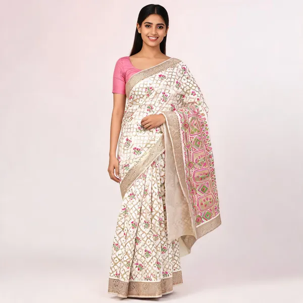 White_Katan_Silk_Floral_Print_Zari_Border_Banarasi_Saree_For_Women