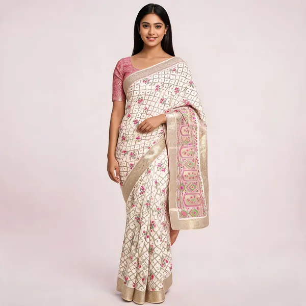 White_Katan_Silk_Floral_Print_Zari_Border_Banarasi_Saree_For_Women