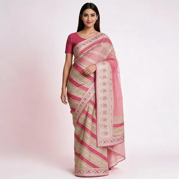 Pink_Beige_Organza_Kora_Zari_Woven_Diagonal_Stripe_Saree_For_Women