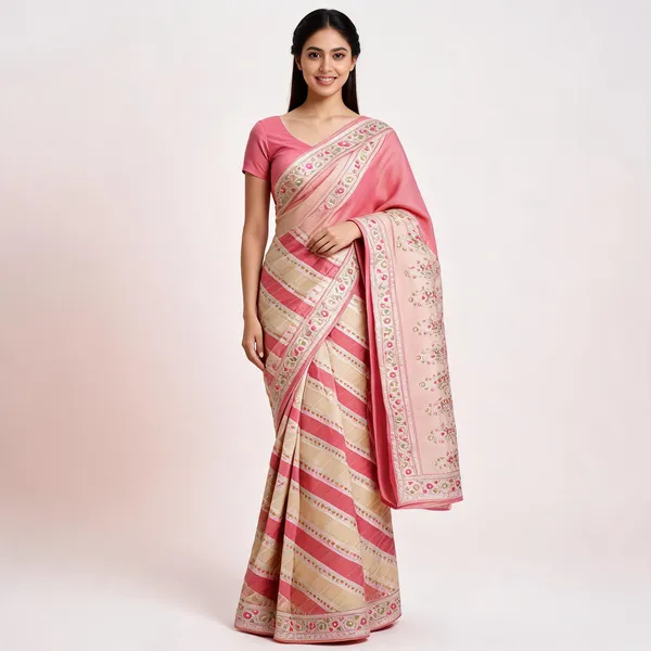 Pink_Beige_Organza_Kora_Zari_Woven_Diagonal_Stripe_Saree_For_Women