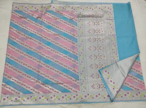 Turquoise_Pink_Organza_Kora_Zari_Border_Diagonal_Stripe_Saree_For_Women
