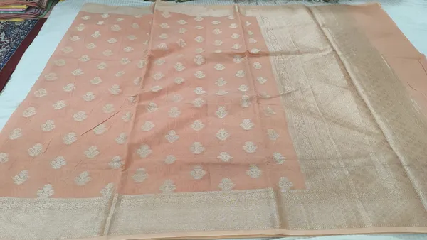 Peach_Cotton_Chanderi_Silk_Zari_Butta_Woven_Banarasi_Saree_For_Women