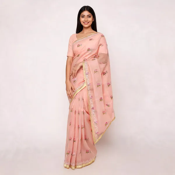 Peach_Kota_Silk_Floral_Embroidered_Zari_Border_Saree_For_Women