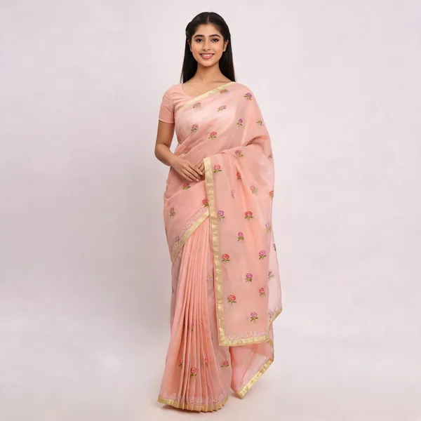 Peach_Kota_Silk_Floral_Embroidered_Zari_Border_Saree_For_Women