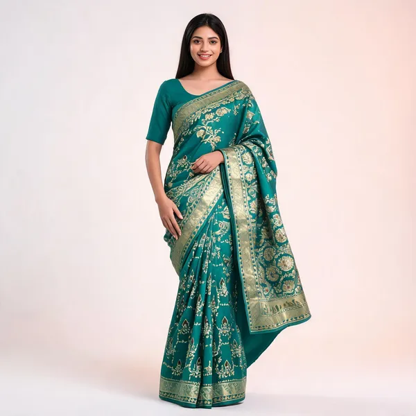 Teal_Katan_Silk_Zari_Floral_Paisley_Banarasi_Saree_For_Women
