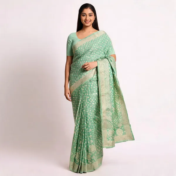 Green_Cotton_Chanderi_Silk_Floral_Butti_Woven_Banarasi_Saree_For_Women