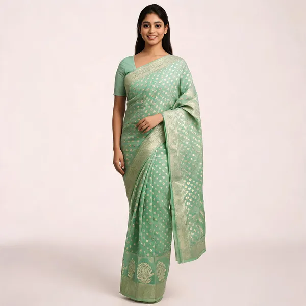 Green_Cotton_Chanderi_Silk_Floral_Butti_Woven_Banarasi_Saree_For_Women