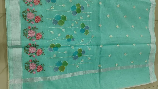 Turquoise_Kota_Silk_Floral_Embroidered_Silver_Border_Saree_For_Women