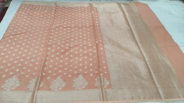 Peach_Cotton_Chanderi_Silk_Zari_Butta_Woven_Banarasi_Saree_For_Women