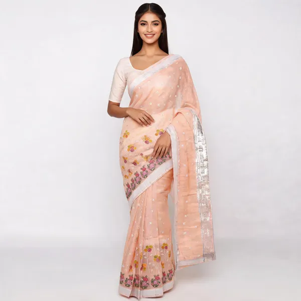 Peach_Kota_Silk_Floral_Print_Zari_Border_Saree_For_Women