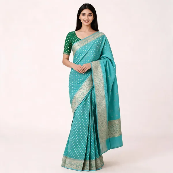Turquoise_Cotton_Silk_Zari_Woven_Banarasi_Saree_For_Women