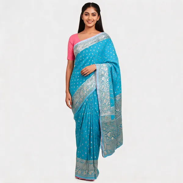 Turquoise_Cotton_Silk_Banarasi_Zari_Woven_Border_Saree_For_Women