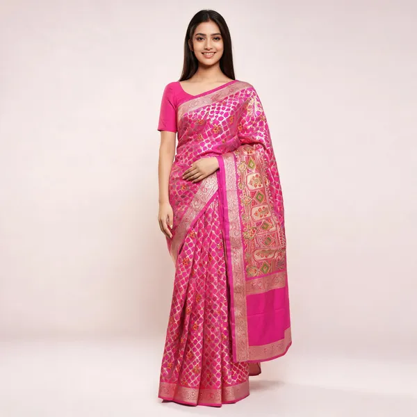Pink_Katan_Silk_Zari_Jaal_Woven_Banarasi_Saree_For_Women
