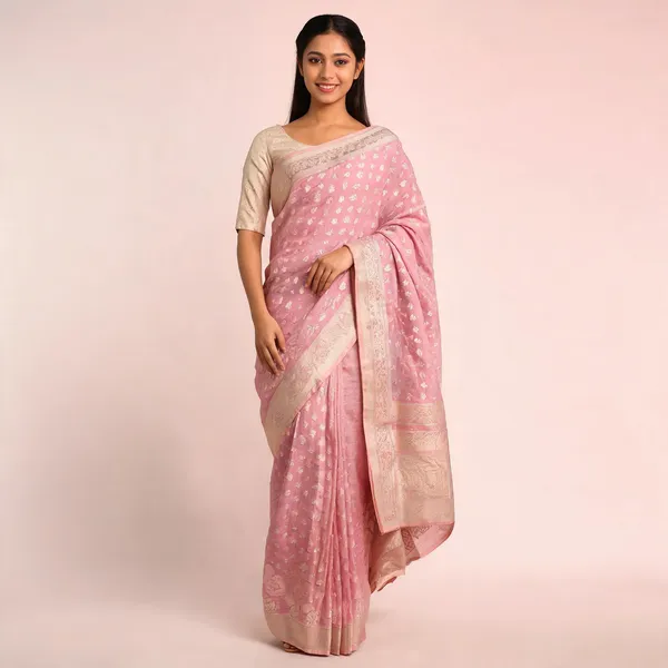 Pink_Cotton_Chanderi_Silk_Zari_Border_Banarasi_Saree_For_Women