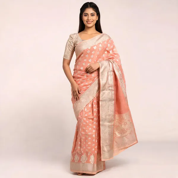 Peach_Cotton_Chanderi_Silk_Zari_Butta_Woven_Banarasi_Saree_For_Women