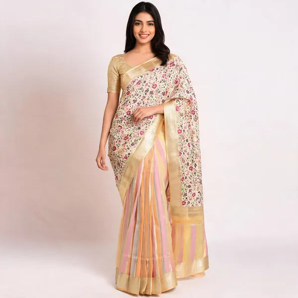Golden_Organza_Kora_Zari_Striped_Floral_Print_Saree_For_Women