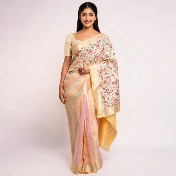 Golden_Organza_Kora_Zari_Striped_Floral_Print_Saree_For_Women