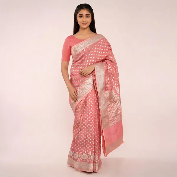Peach_Cotton_Chanderi_Silk_Zari_Woven_Banarasi_Saree_For_Women