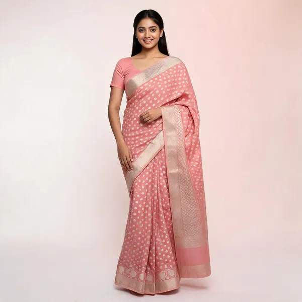 Peach_Cotton_Chanderi_Silk_Zari_Woven_Banarasi_Saree_For_Women