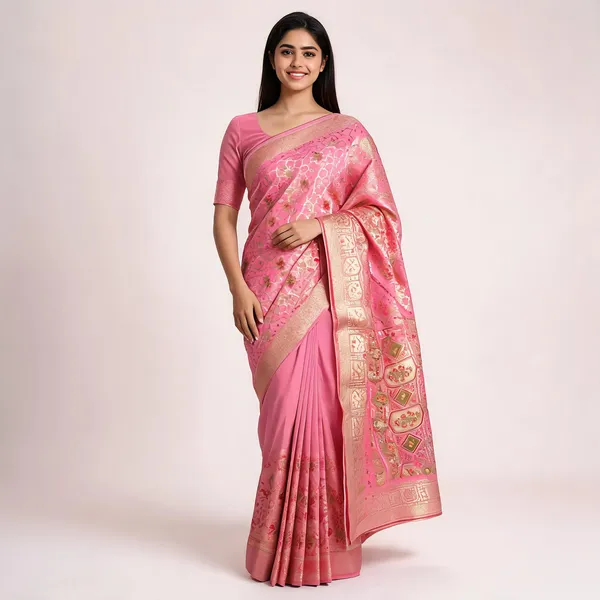 Pink_Katan_Silk_Zari_Floral_Border_Banarasi_Saree_For_Women
