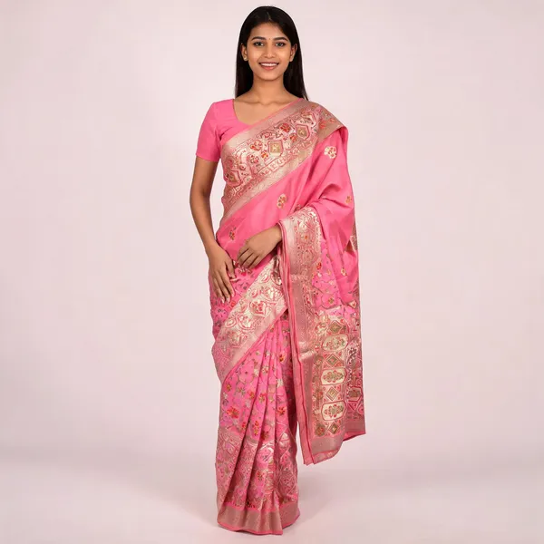 Pink_Katan_Silk_Zari_Floral_Border_Banarasi_Saree_For_Women