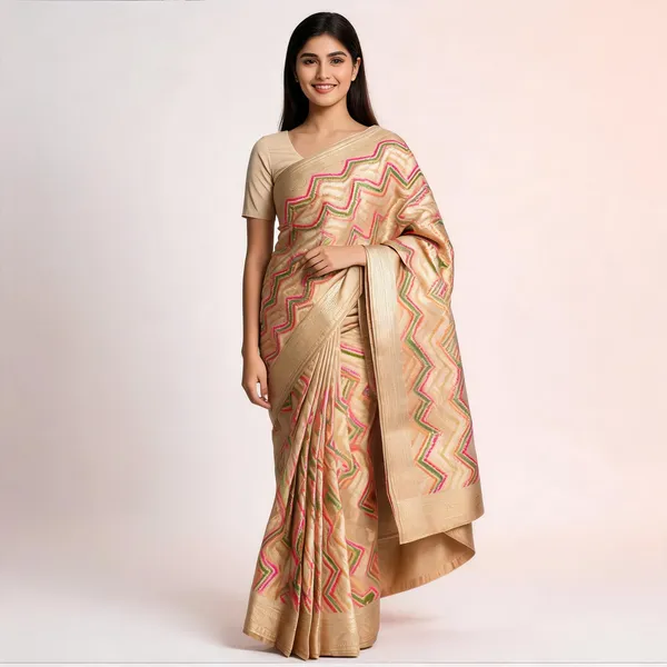 Beige_Katan_Silk_Chevron_Zari_Border_Banarasi_Saree_For_Women