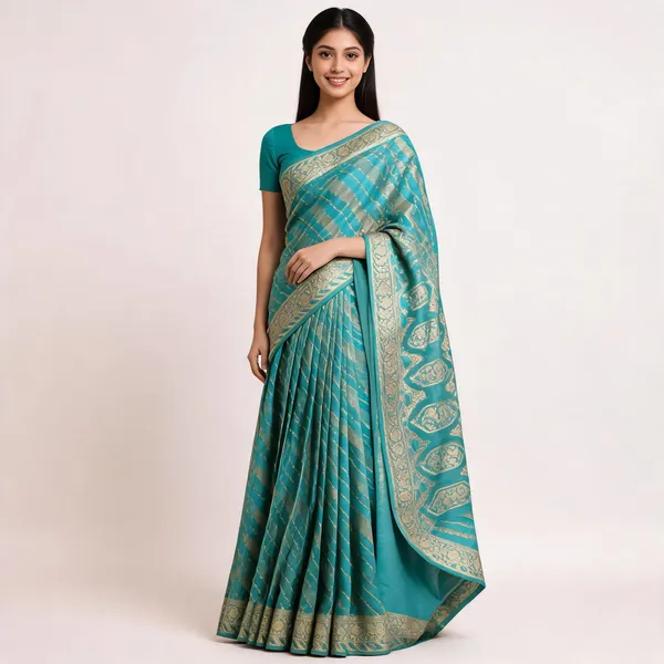 Turquoise_Mashru_Silk_Zari_Woven_Diagonal_Banarasi_Saree_For_Women
