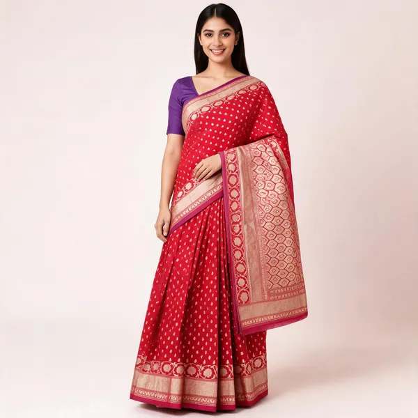 Red_Cotton_Silk_Gold_Zari_Woven_Banarasi_Saree_For_Women