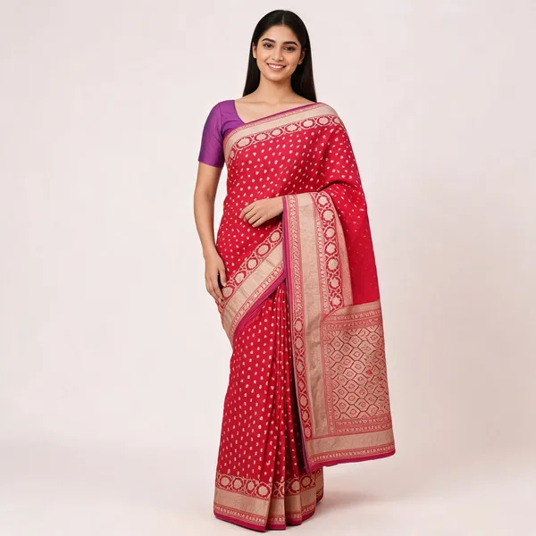 Red_Cotton_Silk_Gold_Zari_Woven_Banarasi_Saree_For_Women