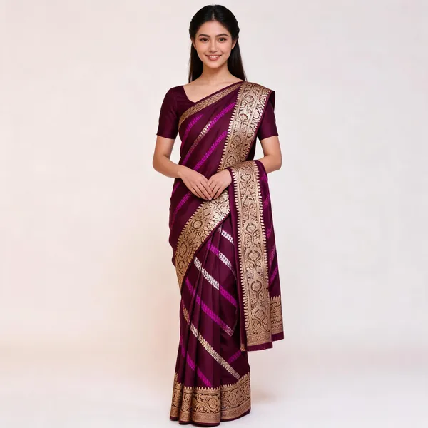 Maroon_Mashru_Silk_Diagonal_Stripe_Zari_Border_Banarasi_Saree_For_Women