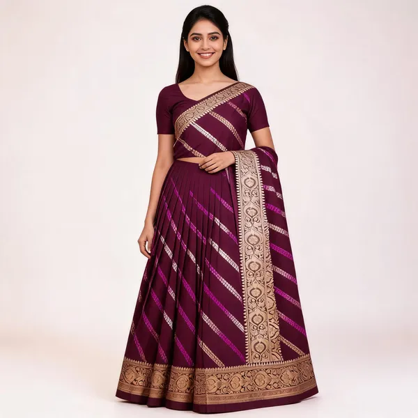 Maroon_Mashru_Silk_Diagonal_Stripe_Zari_Border_Banarasi_Saree_For_Women