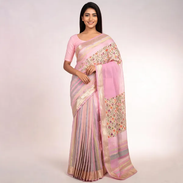 Pink_Organza_Kora_Zari_Border_Floral_Print_Saree_For_Women