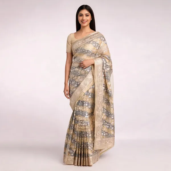 Beige_Organza_Kora_Zari_Border_Floral_Woven_Banarasi_Saree_For_Women