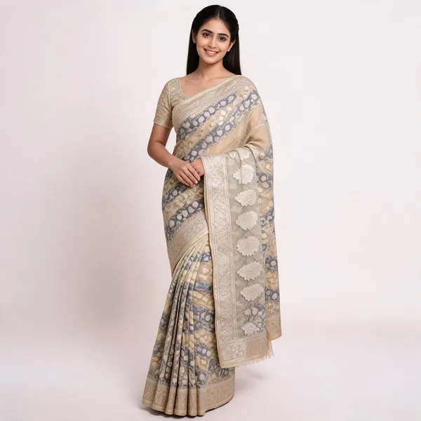 Beige_Organza_Kora_Zari_Border_Floral_Woven_Banarasi_Saree_For_Women