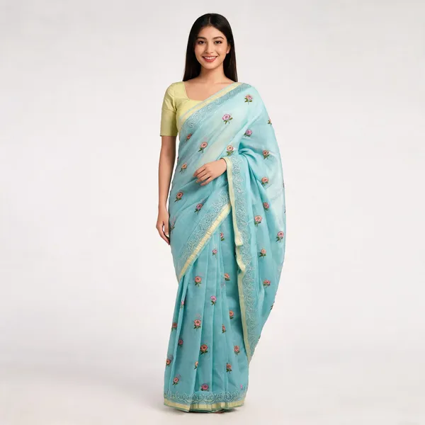 Turquoise_Kota_Silk_Floral_Embroidered_Zari_Border_Saree_For_Women