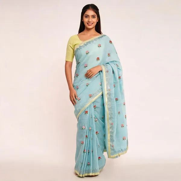 Turquoise_Kota_Silk_Floral_Embroidered_Zari_Border_Saree_For_Women