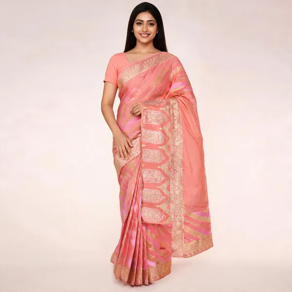 Peach_Pink_Mashru_Silk_Zari_Woven_Diagonal_Banarasi_Saree_For_Women