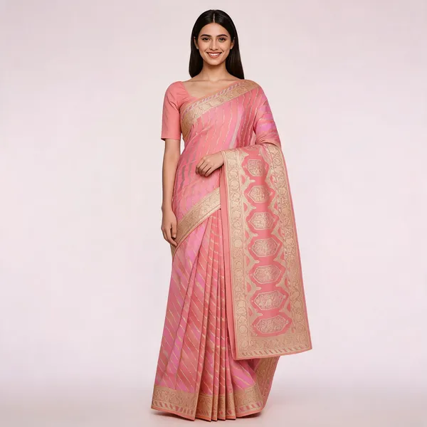 Peach_Pink_Mashru_Silk_Zari_Woven_Diagonal_Banarasi_Saree_For_Women