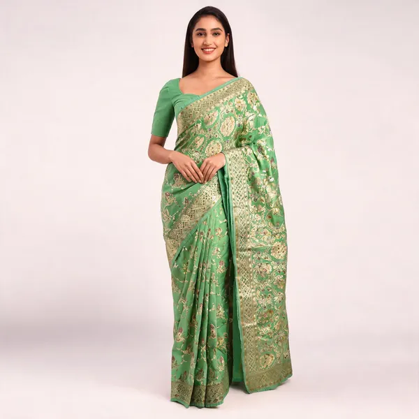Green_Katan_Silk_Gold_Zari_Floral_Woven_Banarasi_Saree_For_Women