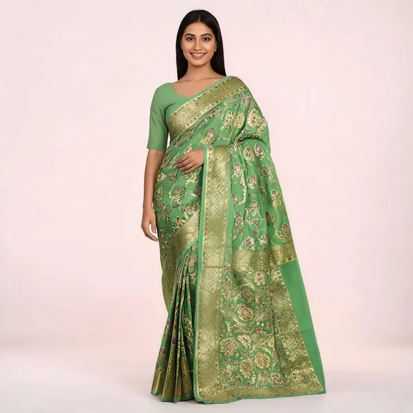 Green_Katan_Silk_Gold_Zari_Floral_Woven_Banarasi_Saree_For_Women