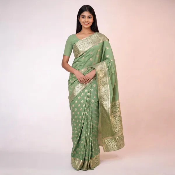 Green_Cotton_Chanderi_Silk_Zari_Border_Banarasi_Saree_For_Women