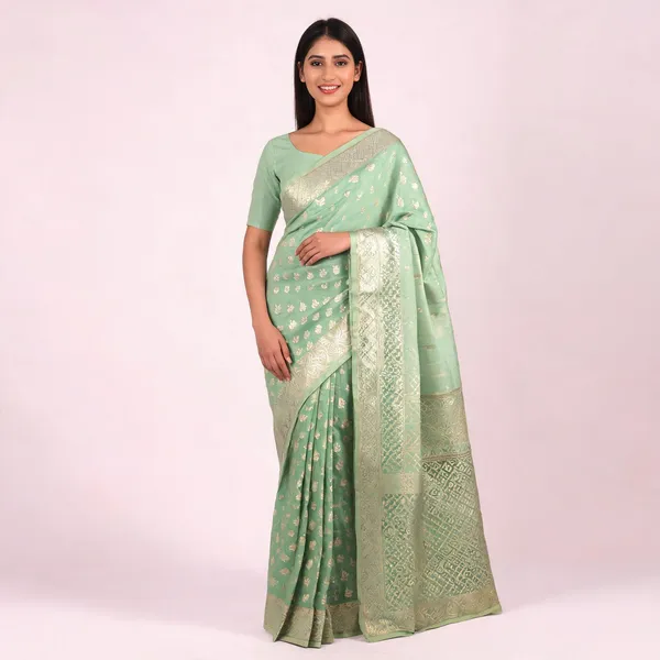 Green_Cotton_Chanderi_Silk_Zari_Border_Banarasi_Saree_For_Women