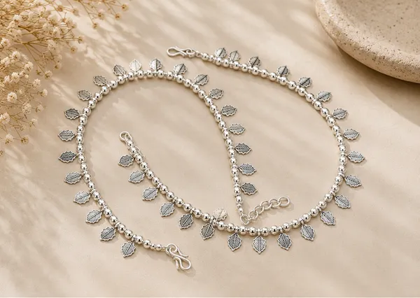 Silver_German_Silver_Leaf_Charm_Beaded_Anklet_Pair_For_Women