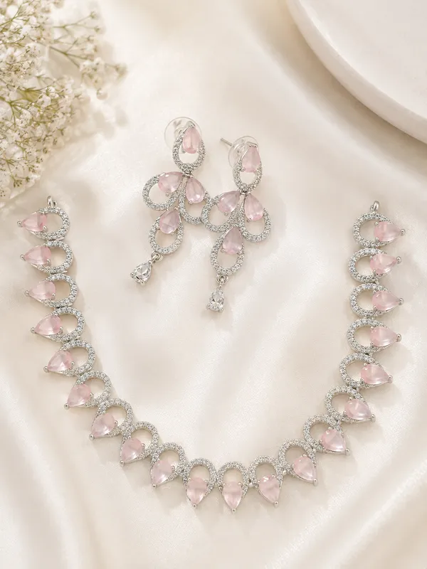 Silver_Pink_Ad_Stone_Alloy_Teardrop_Necklace_And_Earrings_Set_For_Women