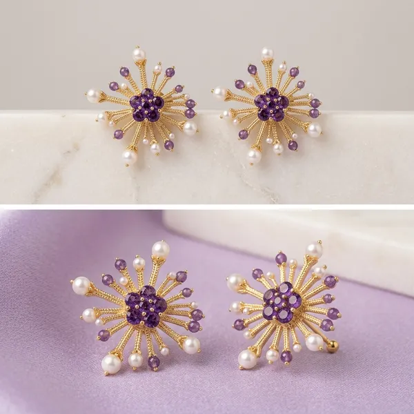 Gold_Tone_925_Silver_Floral_Purple_Stone_Stud_Earrings_For_Women